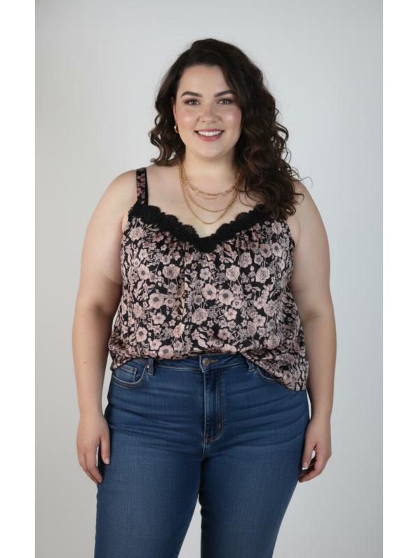 Lane Bryant Pink and Black Floral Satin Tank Size 26