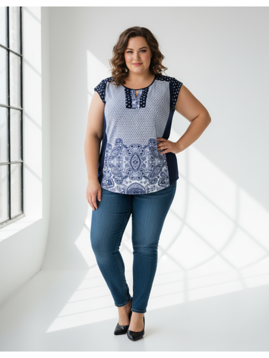 ROZ & ALI Blue and White Paisley Sleeveless Top Size 3X