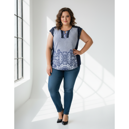 ROZ & ALI Blue and White Paisley Sleeveless Top Size 3X