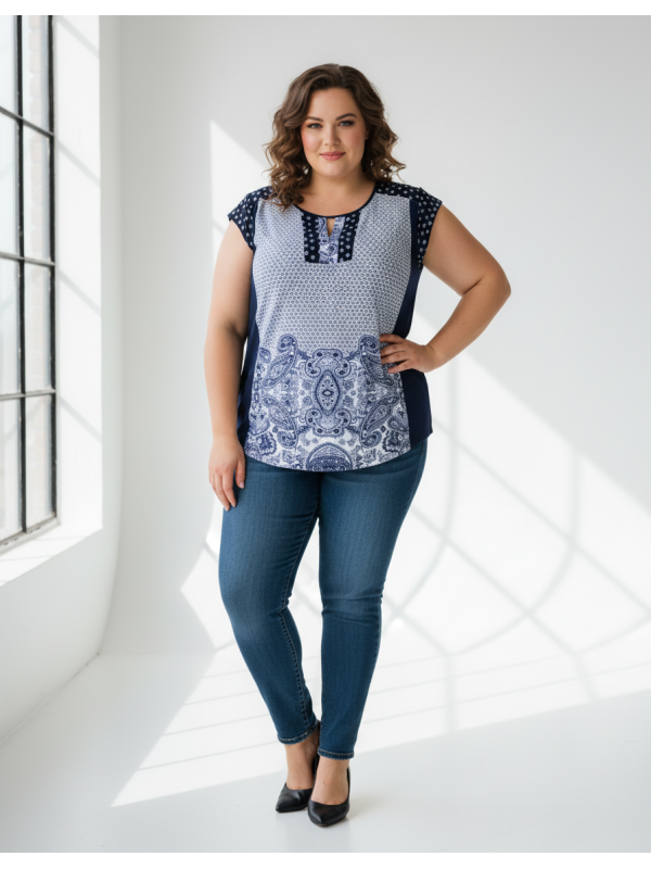 ROZ & ALI Blue and White Paisley Sleeveless Top Size 3X