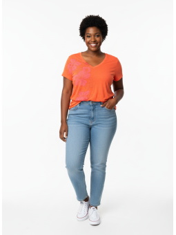 Old Navy Orange Hibiscus V-Neck T-Shirt Size L