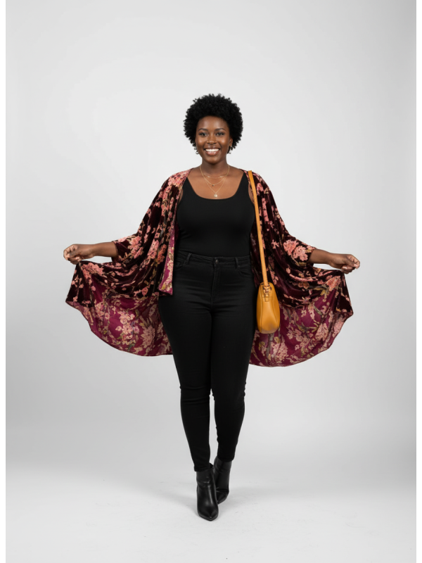 Lane Bryant Maroon & Floral Kimono ONE SIZE