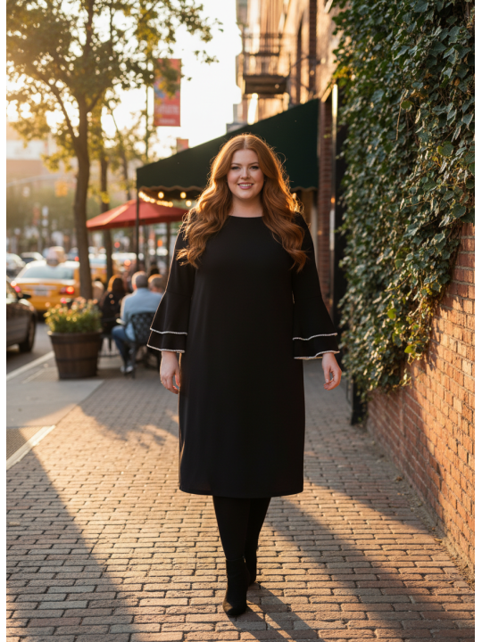 Calvin Klein Black Bell Sleeve w/Pearls Dress Size 14W