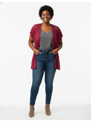 C Maroon Lace Shoulder Short Sleeve Cover-Up One Size