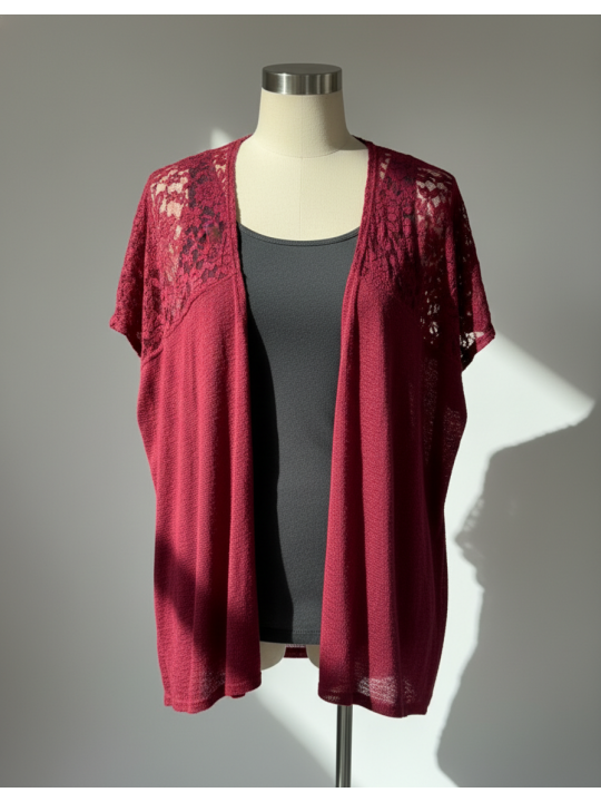 C Maroon Lace Shoulder Short Sleeve Cover-Up One Size