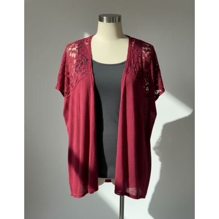 C Maroon Lace Shoulder Short Sleeve Cover-Up One Size