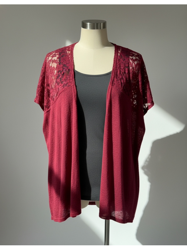 C Maroon Lace Shoulder Short Sleeve Cover-Up One Size