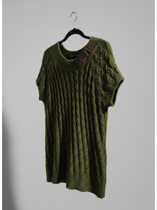 Dress Barn Olive Green Short Sleeve Sweater w/Leather Neckline Buckle Size 1X