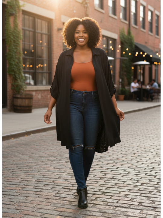 Torrid Black ¾ Sleeve Long Button-Up Size 1 (14/16)