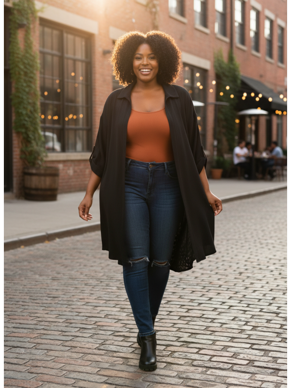 Torrid Black ¾ Sleeve Long Button-Up Size 1 (14/16)