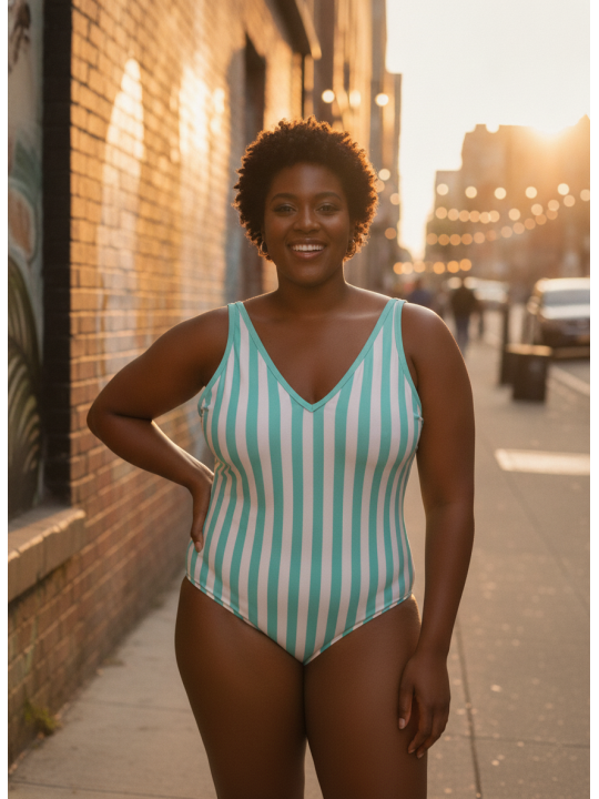 Kona Sol Teal/Wht Striped Swimsuit Size 24 NWT