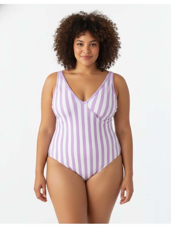 Kona Sol Lavendar/Wht Striped Swimsuit Size 24 NWT